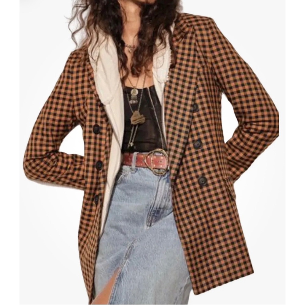 Free People Ashby Plaid Double Breasted Blazer Brown Black Checkered Size M